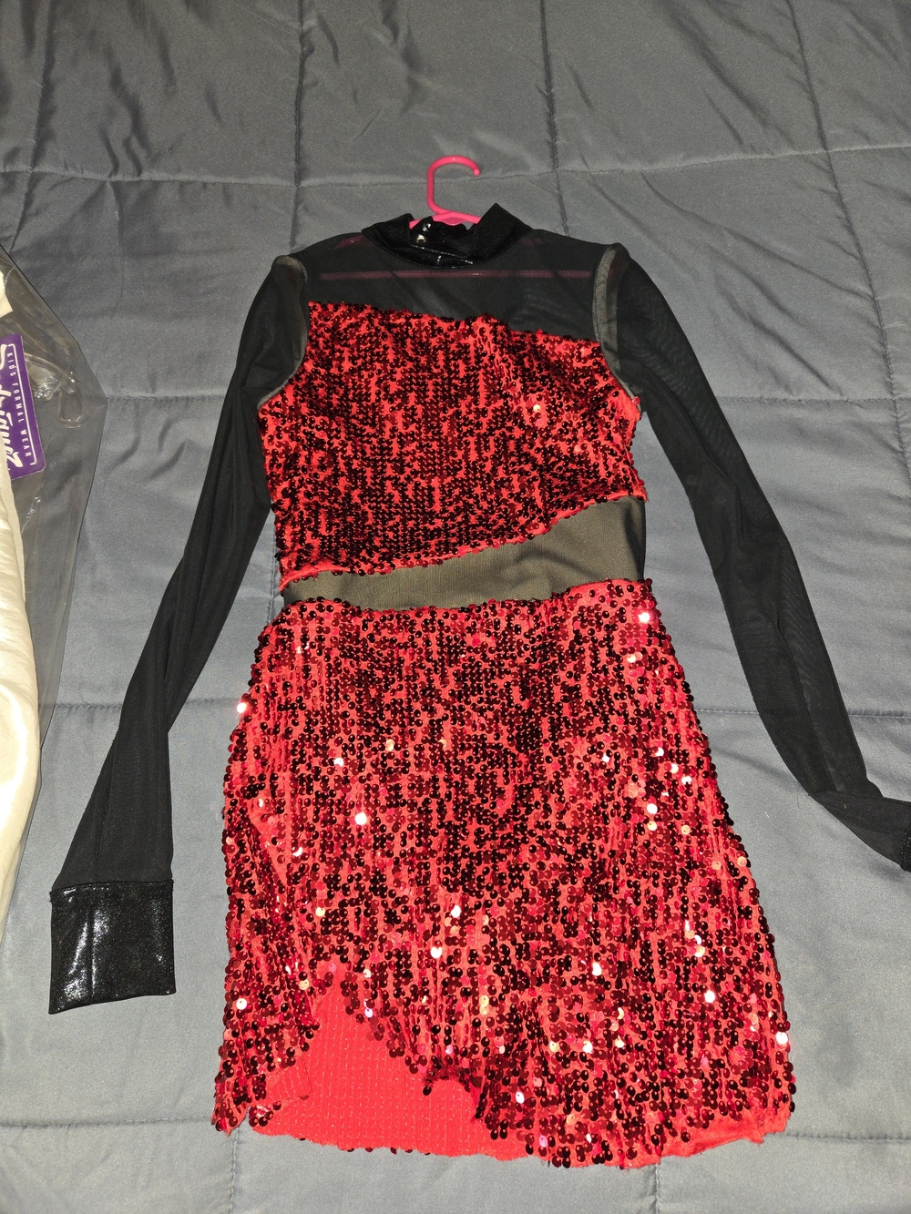 balera Red Sequin Two-Piece with Black Mesh Accents